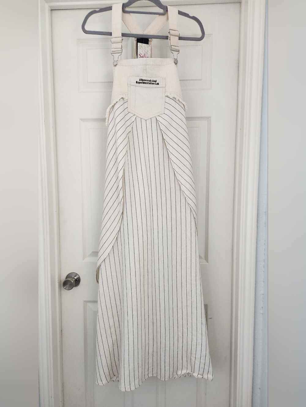 Striped Cream Sleeveless 100% Cotton BibOveralls Maxi Dress With Pockets, S, NWT
